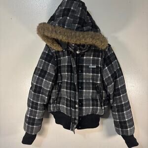 Vintage Y2K Apple Bottoms Plaid Puffer Jacket With Faux Fur Hood Size Women’s XL